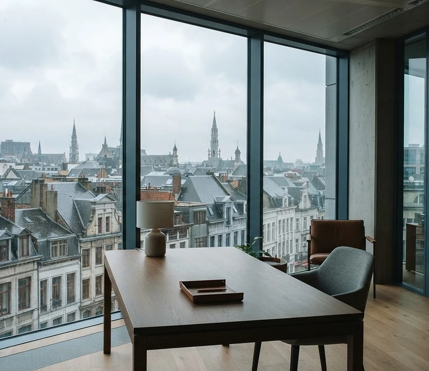 Bureau moderne dans le Quartier Léopold à Bruxelles, vue sur les toits historiques